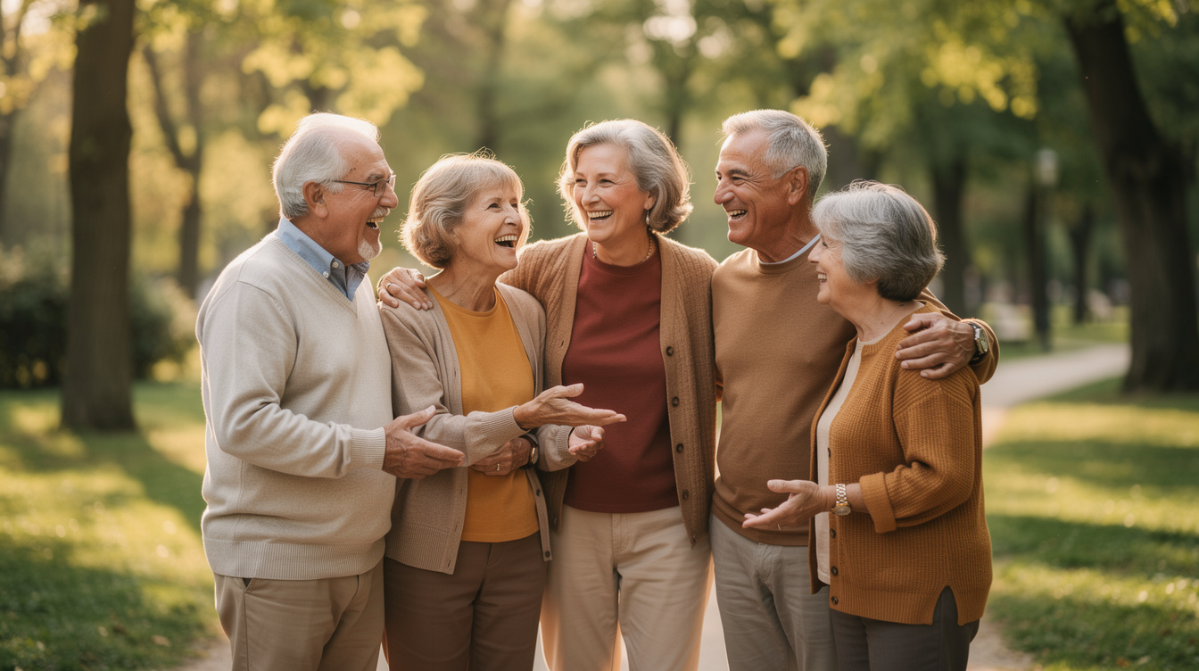 Group of active Croatian seniors laughing together outdoors on a sunny day